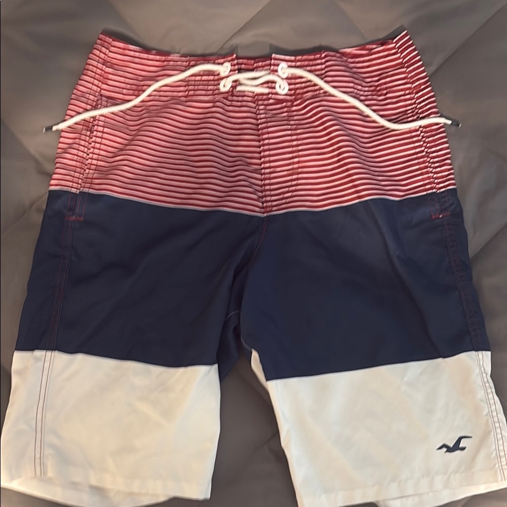 Hollister Men's Striped Swim Shorts - Red, Navy, White